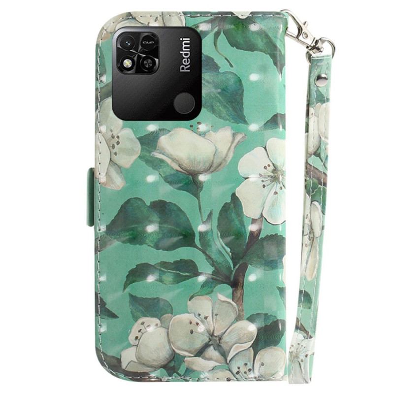 Flip Cover Xiaomi Redmi 10A Med Snor Strappy Hvide Blomster