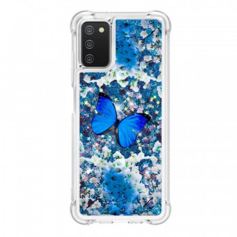 Cover Samsung Galaxy A03s Glitter Blå Sommerfugle