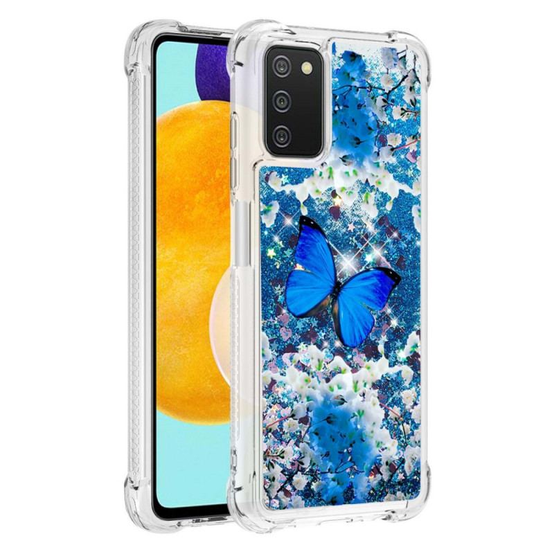 Cover Samsung Galaxy A03s Glitter Blå Sommerfugle