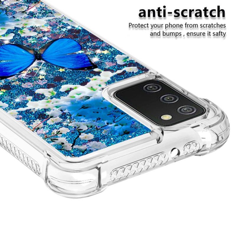 Cover Samsung Galaxy A03s Glitter Blå Sommerfugle