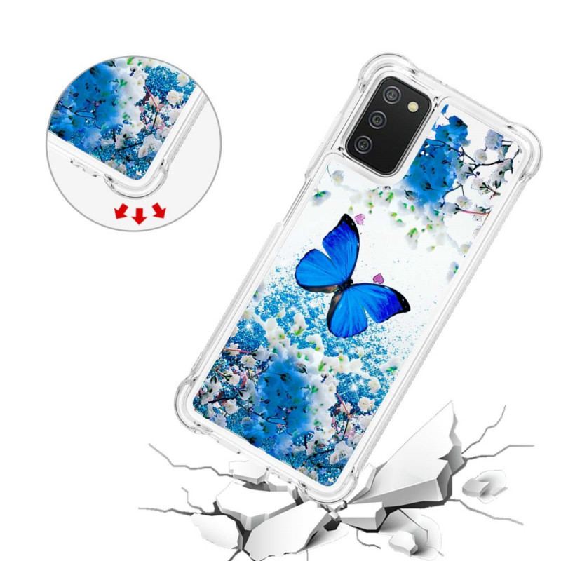 Cover Samsung Galaxy A03s Glitter Blå Sommerfugle