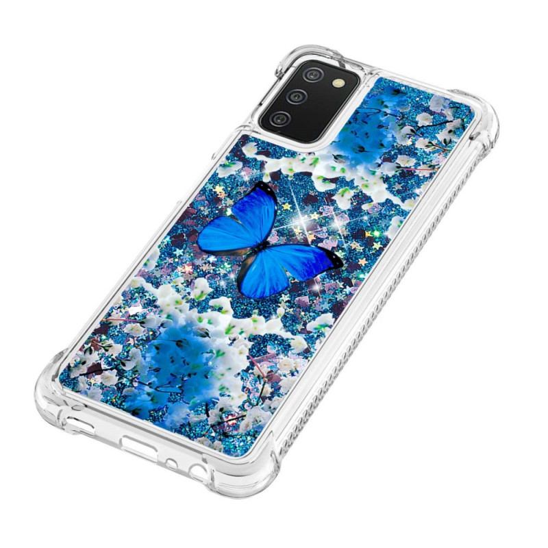 Cover Samsung Galaxy A03s Glitter Blå Sommerfugle