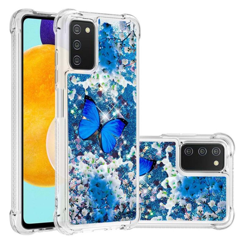 Cover Samsung Galaxy A03s Glitter Blå Sommerfugle