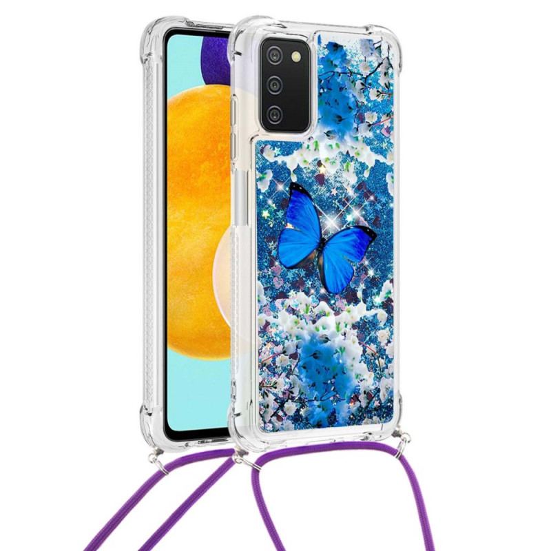 Cover Samsung Galaxy A03s Med Snor Pailletsommerfugle Med Snoretræk