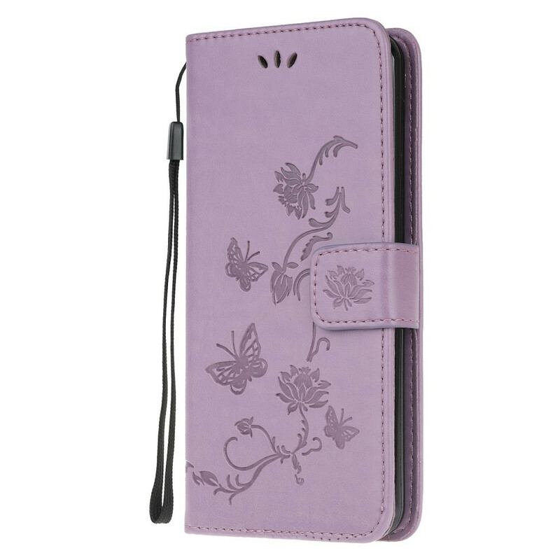 Læder Cover Samsung Galaxy A31 Med Snor Thong Sommerfugle Og Blomster