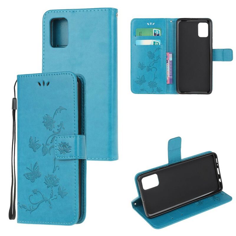 Læder Cover Samsung Galaxy A31 Med Snor Thong Sommerfugle Og Blomster