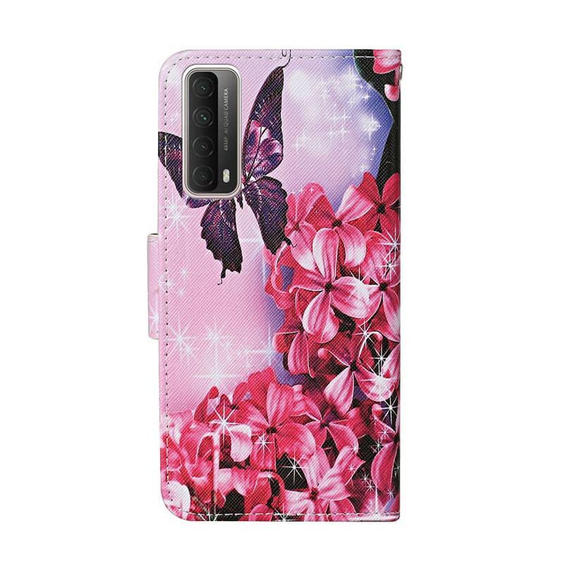 Flip Cover Huawei P Smart 2021 Butterflies Floral Lanyard