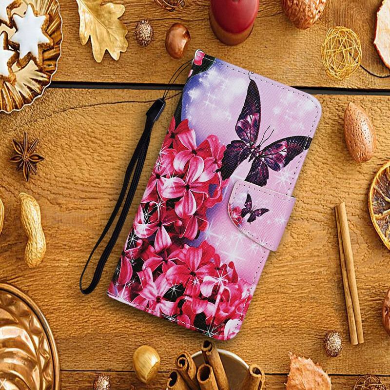 Flip Cover Huawei P Smart 2021 Butterflies Floral Lanyard