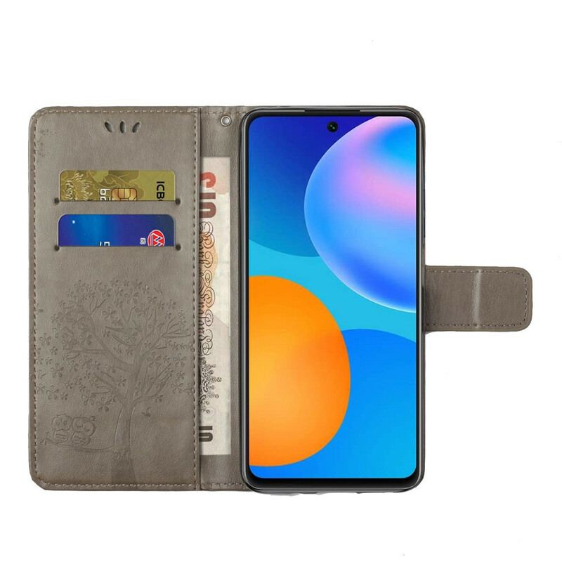 Flip Cover Huawei P Smart 2021 Med Snor Thong Træ Og Ugler