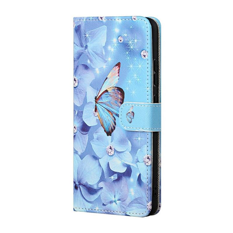 Læder Cover Huawei P Smart 2021 Med Snor Strappy Diamond Sommerfugle