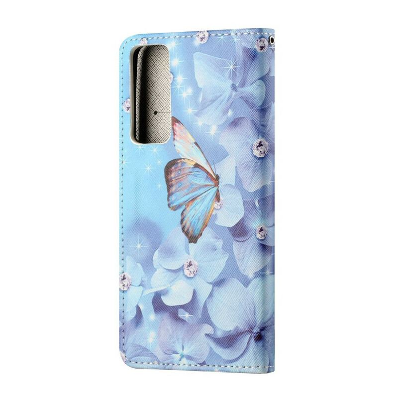 Læder Cover Huawei P Smart 2021 Med Snor Strappy Diamond Sommerfugle