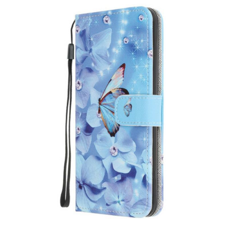 Flip Cover Samsung Galaxy Note 20 Med Snor Strappy Diamond Sommerfugle