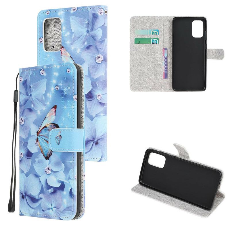 Flip Cover Samsung Galaxy Note 20 Med Snor Strappy Diamond Sommerfugle