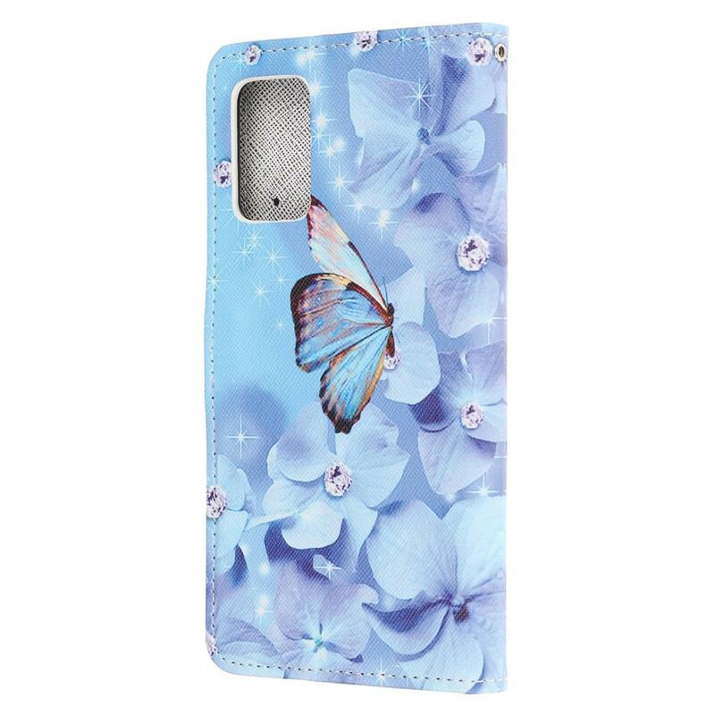 Flip Cover Samsung Galaxy Note 20 Med Snor Strappy Diamond Sommerfugle