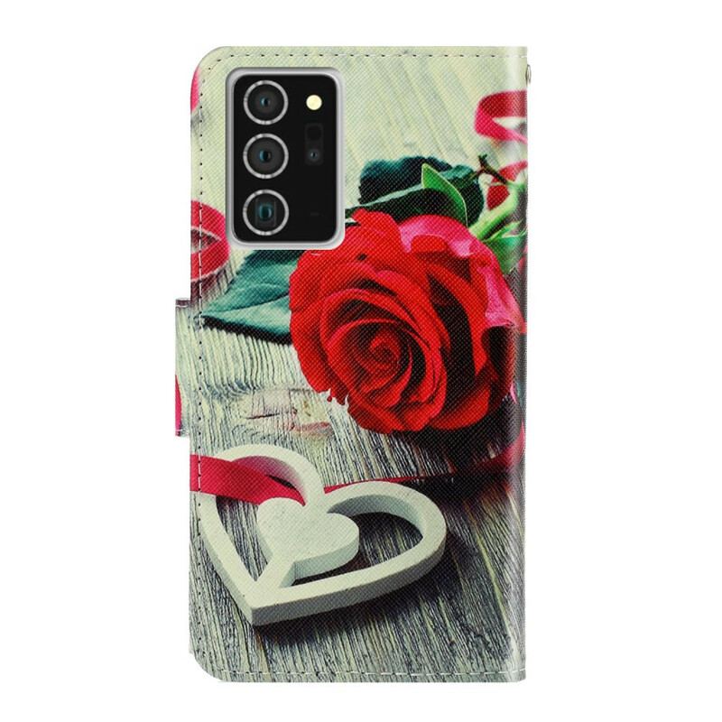 Læder Cover Samsung Galaxy Note 20 Med Snor Romantisk Rose Med Rem