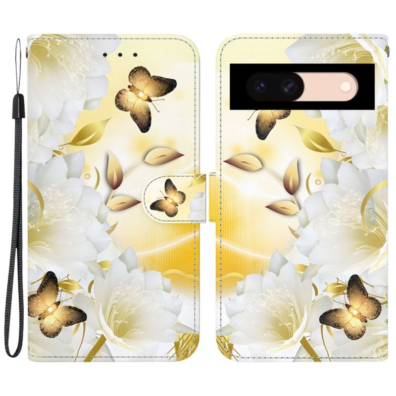 Flip Cover Google Pixel 8a Gyldne Sommerfugle Og Hvide Blomster Med Rem