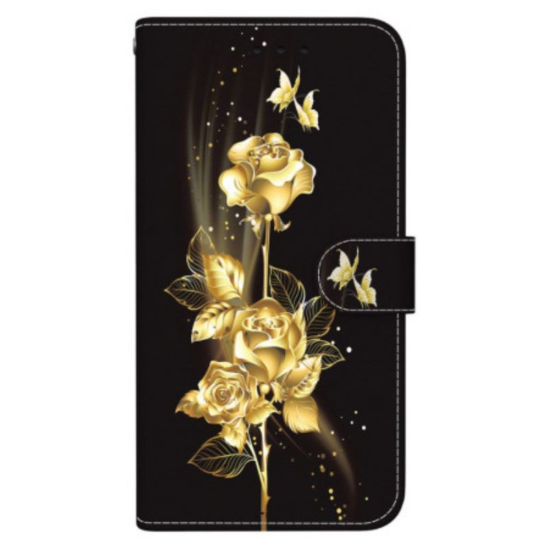 Læder Cover Google Pixel 8a Telefon Etui Guld Og Rose Sommerfugle Med Rem