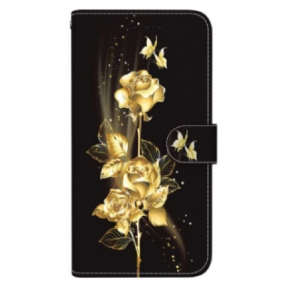 Læder Cover Google Pixel 8a Telefon Etui Guld Og Rose Sommerfugle Med Rem