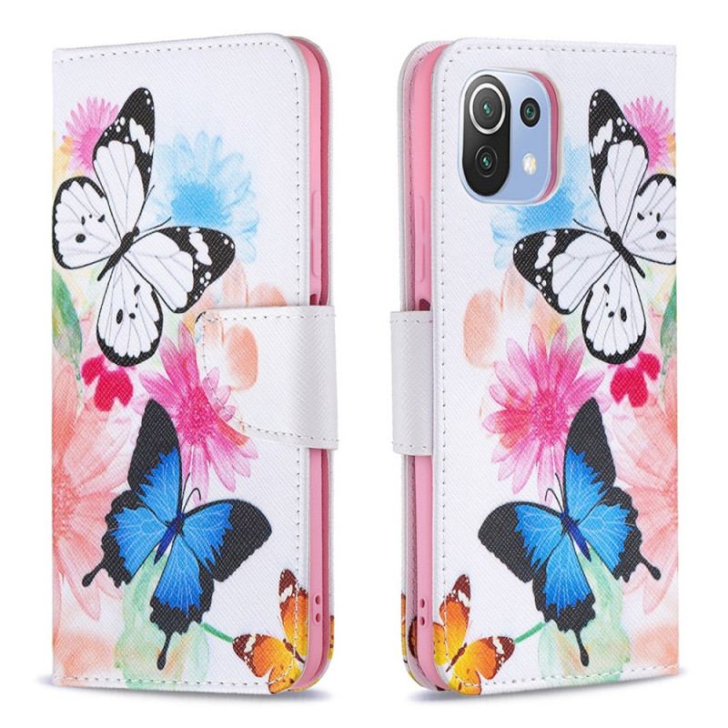 Flip Cover Xiaomi Mi 11 Lite 4G / 5G / 5G NE Malede Sommerfugle Og Blomster