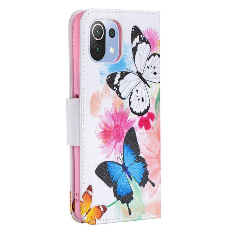 Flip Cover Xiaomi Mi 11 Lite 4G / 5G / 5G NE Malede Sommerfugle Og Blomster