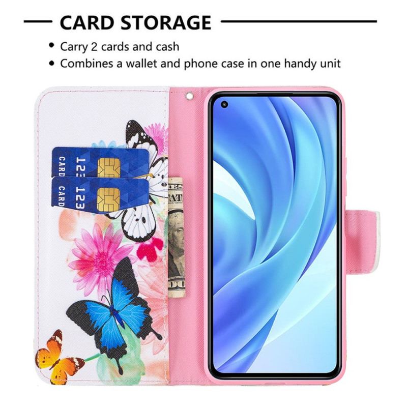 Flip Cover Xiaomi Mi 11 Lite 4G / 5G / 5G NE Malede Sommerfugle Og Blomster