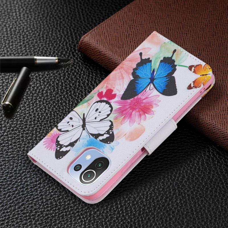 Flip Cover Xiaomi Mi 11 Lite 4G / 5G / 5G NE Malede Sommerfugle Og Blomster