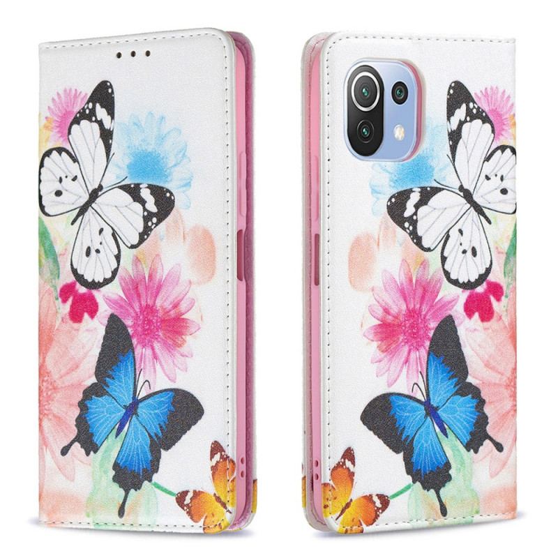 Flip Cover Xiaomi Mi 11 Lite 4G / 5G / 5G NE Malede Sommerfugle Og Blomster