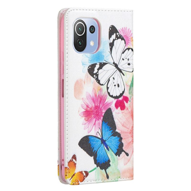 Flip Cover Xiaomi Mi 11 Lite 4G / 5G / 5G NE Malede Sommerfugle Og Blomster