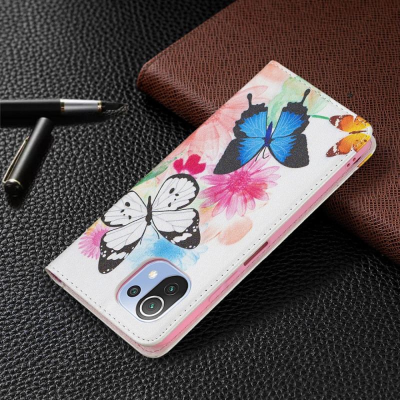 Flip Cover Xiaomi Mi 11 Lite 4G / 5G / 5G NE Malede Sommerfugle Og Blomster