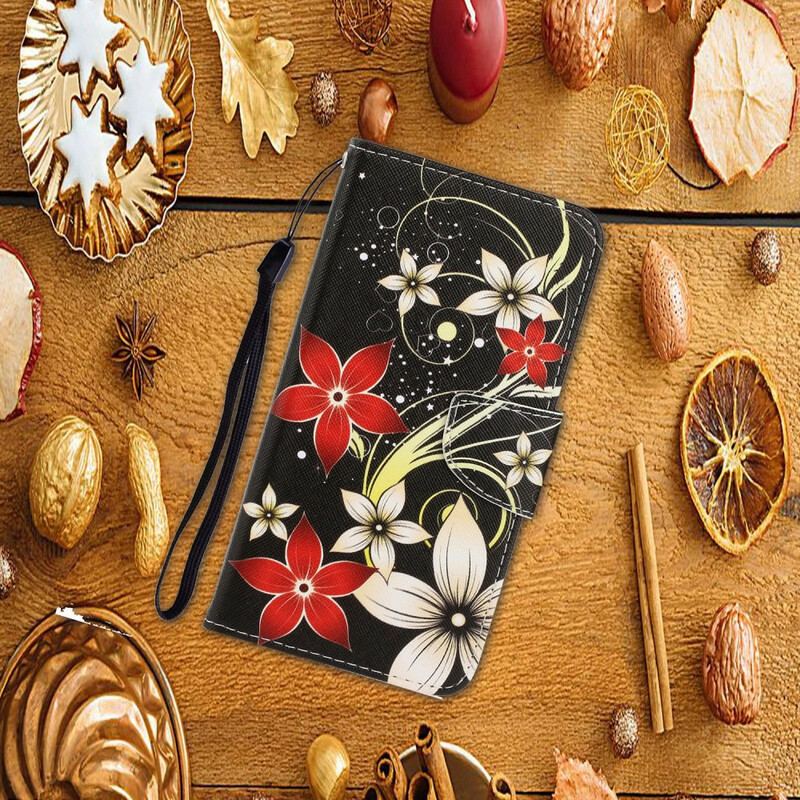 Flip Cover Xiaomi Redmi Note 9 Med Snor Farverige Strappy Blomster