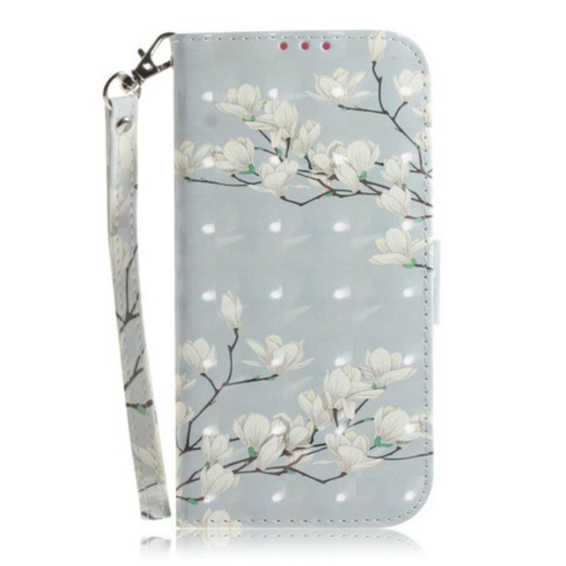 Flip Cover Xiaomi Redmi Note 9 Med Snor Rem Blomstertræ