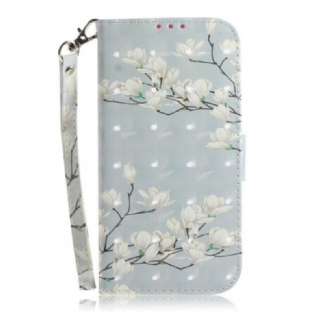 Flip Cover Xiaomi Redmi Note 9 Med Snor Rem Blomstertræ