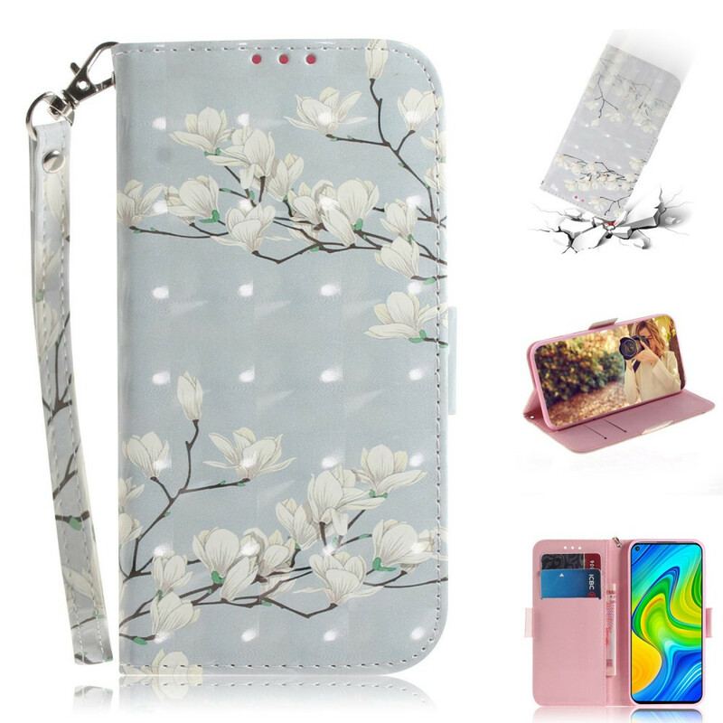 Flip Cover Xiaomi Redmi Note 9 Med Snor Rem Blomstertræ