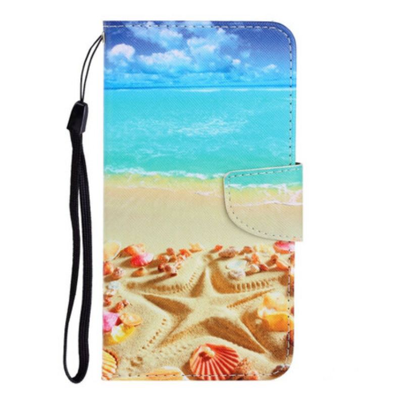 Læder Cover Xiaomi Redmi Note 9 Med Snor Lanyard Beach