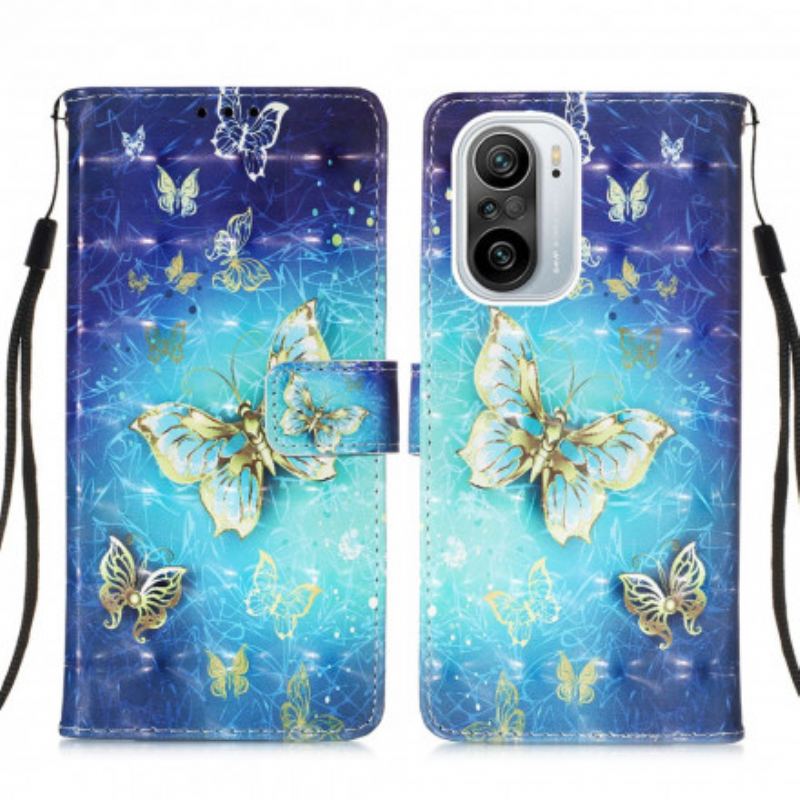 Flip Cover Poco F3 Gyldne Sommerfugle