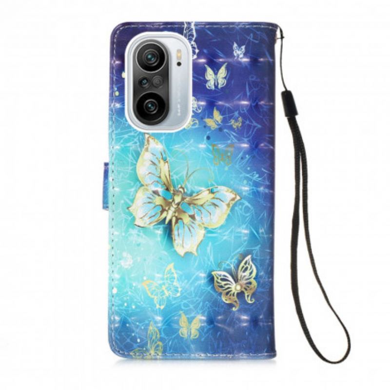 Flip Cover Poco F3 Gyldne Sommerfugle