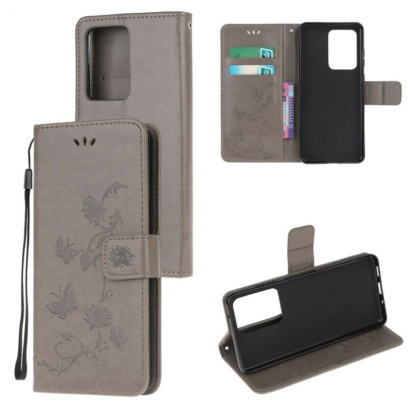 Flip Cover Samsung Galaxy Note 20 Ultra Med Snor Thong Sommerfugle Og Blomster