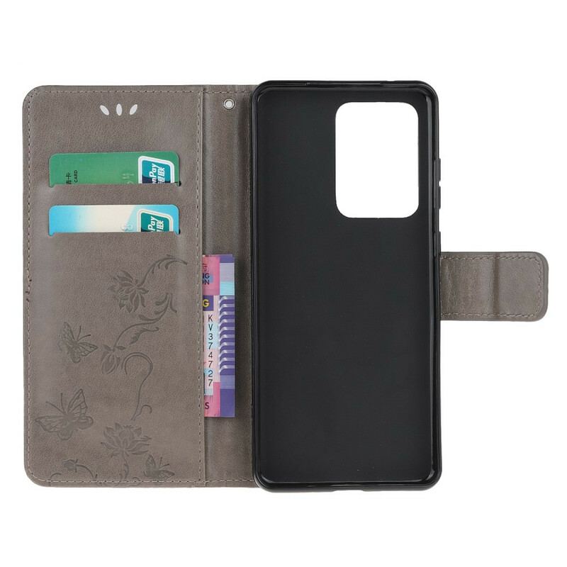 Flip Cover Samsung Galaxy Note 20 Ultra Med Snor Thong Sommerfugle Og Blomster