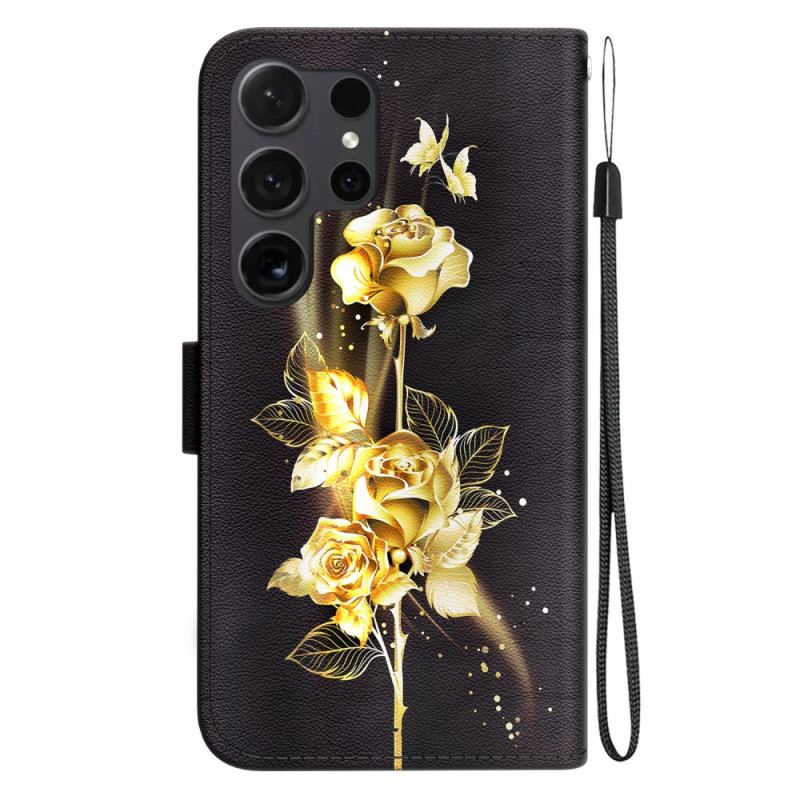 Flip Cover Samsung Galaxy S24 Ultra 5g Guld Sommerfugl Og Rose Med Rem