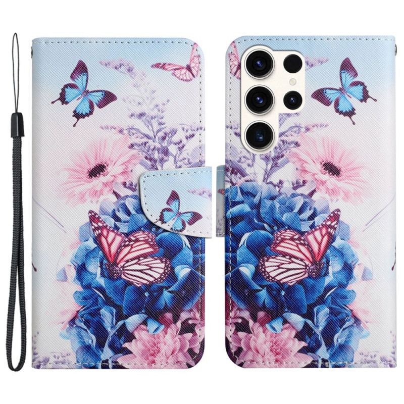 Flip Cover Samsung Galaxy S24 Ultra 5g Lilla Sommerfugle Med Rem