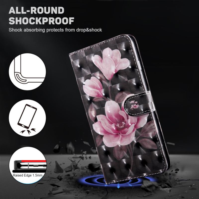 Flip Cover Samsung Galaxy S24 Ultra 5g Lyserøde Blomster På Sort Baggrund Med Rem