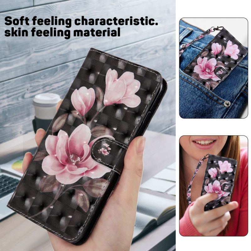 Flip Cover Samsung Galaxy S24 Ultra 5g Lyserøde Blomster På Sort Baggrund Med Rem