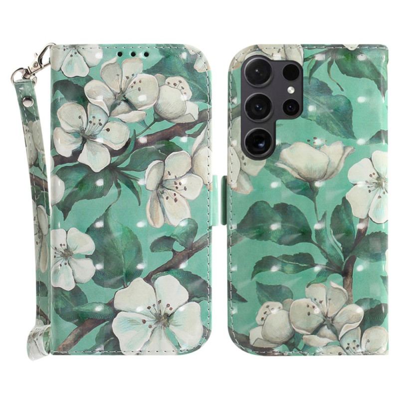 Flip Cover Samsung Galaxy S24 Ultra 5g Med Hvide Blomster Med Rem