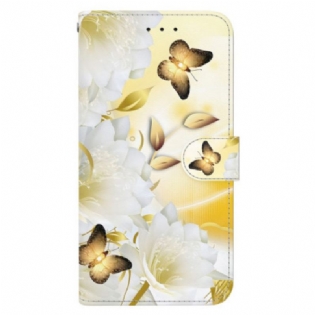 Flip Cover Til Samsung Galaxy S24 Ultra 5g Gyldne Sommerfugle Og Hvide Blomster Med Rem