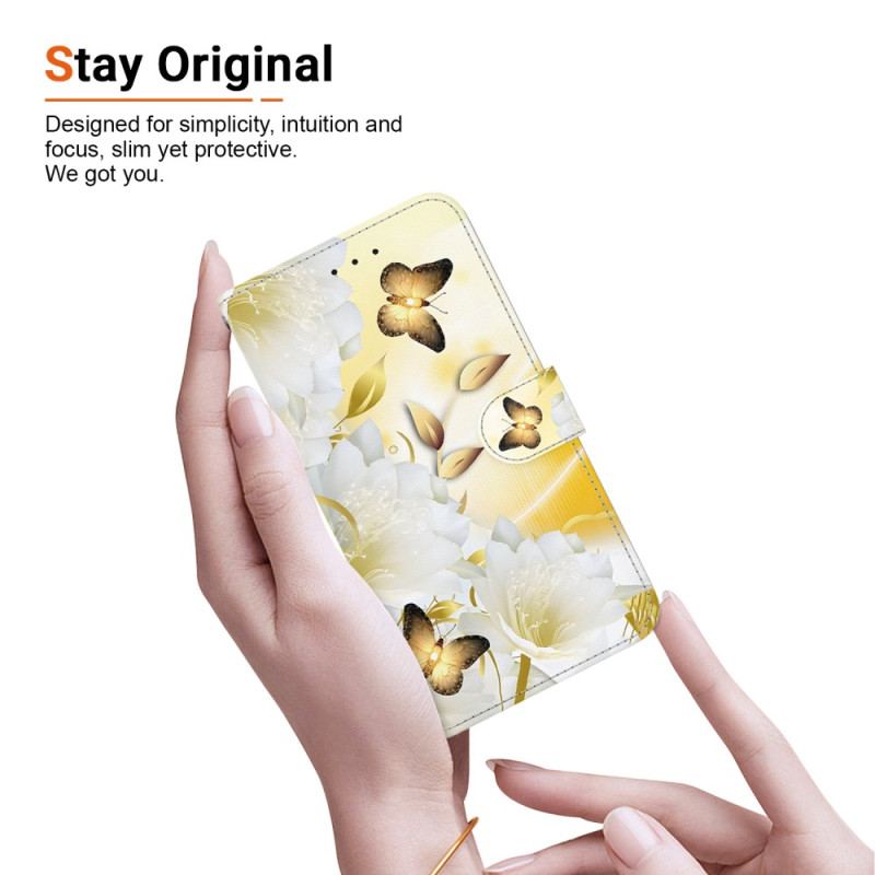 Flip Cover Til Samsung Galaxy S24 Ultra 5g Gyldne Sommerfugle Og Hvide Blomster Med Rem