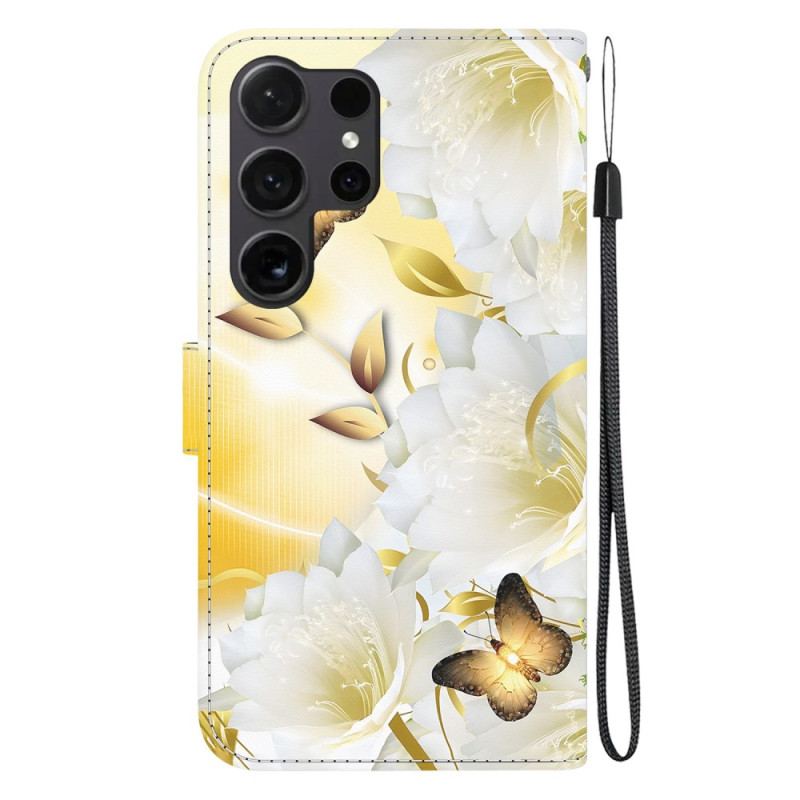 Flip Cover Til Samsung Galaxy S24 Ultra 5g Gyldne Sommerfugle Og Hvide Blomster Med Rem