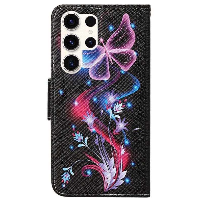 Læder Cover Samsung Galaxy S24 Ultra 5g Telefon Etui Fluorescerende Sommerfugle Med Rem