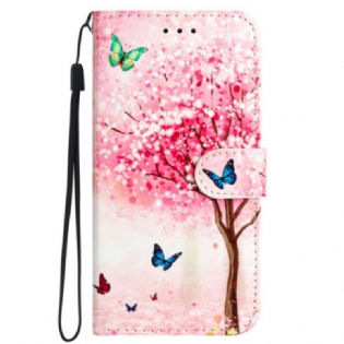 Læder Cover Samsung Galaxy S24 Ultra 5g Telefon Etui Kirsebærblomst Med Rem