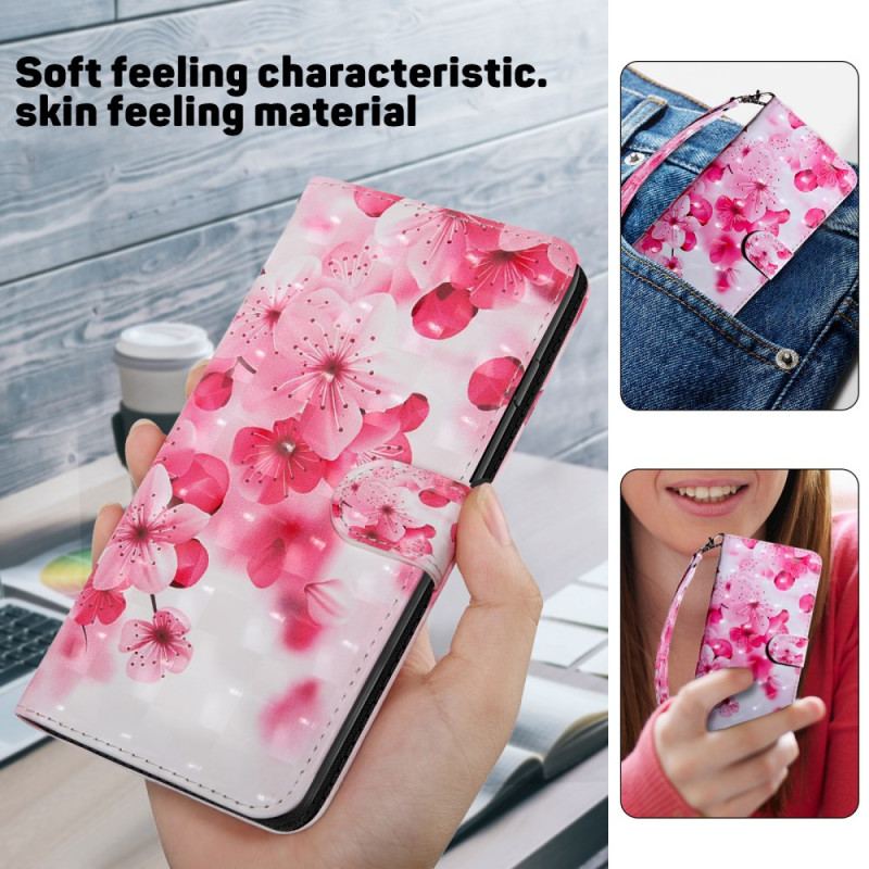 Læder Cover Samsung Galaxy S24 Ultra 5g Telefon Etui Røde Blomster Med Rem