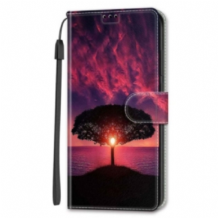 Læder Cover Samsung Galaxy S24 Ultra 5g Telefon Etui Sort Træ Og Solnedgangsrem